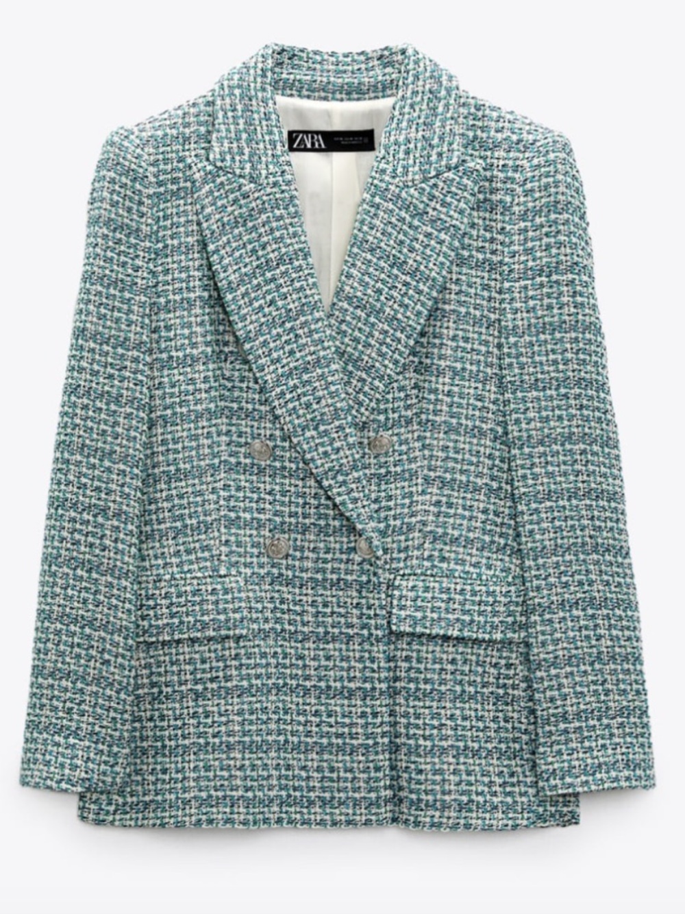 Zara Tweed Textured Double Breasted Blazer ! Size S Blue/Green - Picture 2 of 6